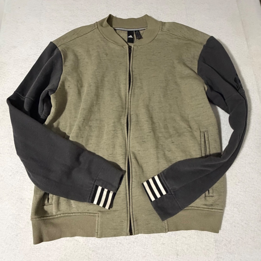 Adidas Mens Full Zip Bomber Sweatshirt Olive Green Grey Colorblock Size M